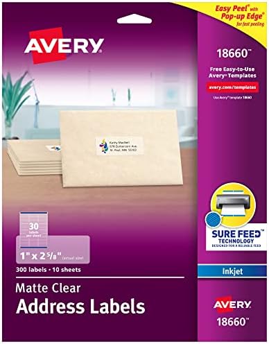 Avery Printable Address Labels with Sure Feed, 1" x 2-5/8", Matte Clear, 300 Blank Mailing Labels (18660)