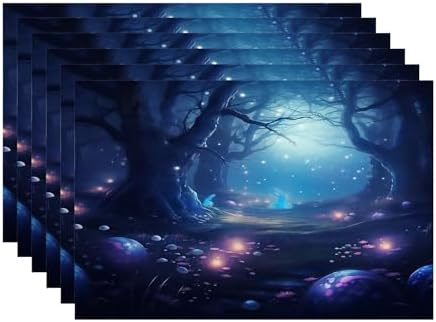 Batmerry Night Forest Glowing Elements Linen Placemats Set of 6, Mysterious Night Forest Scene Washable Table Mats for Kitchen Table Thickened Heat Insulation Dining Set Indoor Outdoor 12X18 in