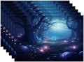 Batmerry Night Forest Glowing Elements Linen Placemats Set of 6, Mysterious Night Forest Scene Washable Table Mats for Kitchen Table Thickened Heat Insulation Dining Set Indoor Outdoor 12X18 in