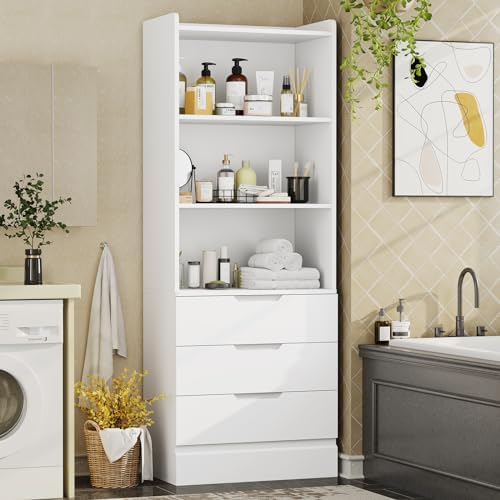 DICTAC 73.23'' Tall Storage Cabinet Bookcase with 3 Drawers and 3-Tier Open Shelves Wooden Bookshelf Kitchen Pantry Storage Organizer Cabinets for Living Room, Study, Kitchen,Bathroom,White