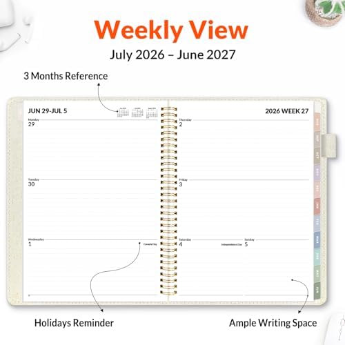 SUNEE 2026-2027 Weekly & Monthly Planner 9"x11.2" - 12 Month (July 2026 - June 2027), Vegan Leather Cover Planner Academic Year Calendar, Pocket, Notes, Monthly Tab, Beige