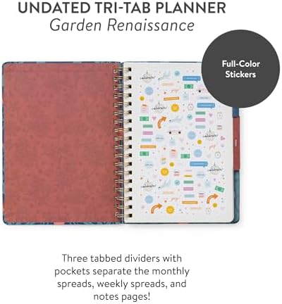 Orange Circle Studio Undated Tri-Tab Planner,Garden Renaissance Weekly & Monthly Planner Journal, 7 x 9.6 Spiral Notebook with Stickers, Pockets, Elastic Closure and Lined Notes for Everyday Use