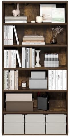 Furinno PASIR Book Shelf, 6-Tier Bookshelf with Open Storage Shelf, Standing Bookcase, 9.4 x 31.5 x 63, Easy Assembly, for Home Office, Bedroom, Living Room, Amber Pine