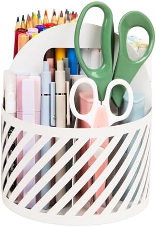 Mind Reader Round Metal Desktop Carousel Organizer with Handle, Four Compartments, Office Supplies and Accessories, Metal, White