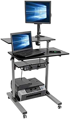 TRIPP LITE Mobile Sit Stand Desk, Height Adjustable Small Rolling Laptop Cart Workstation Workspace, 4 Shelf Storage, Home Office & School, 5-Year Warranty (WWSSRC)