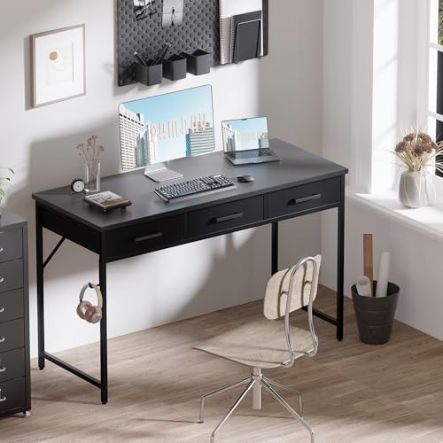 Pamray 47 Inch Small Computer Desk with 3 Drawers for Bedroom Study Writing Home Office Table for Small Spaces Grey