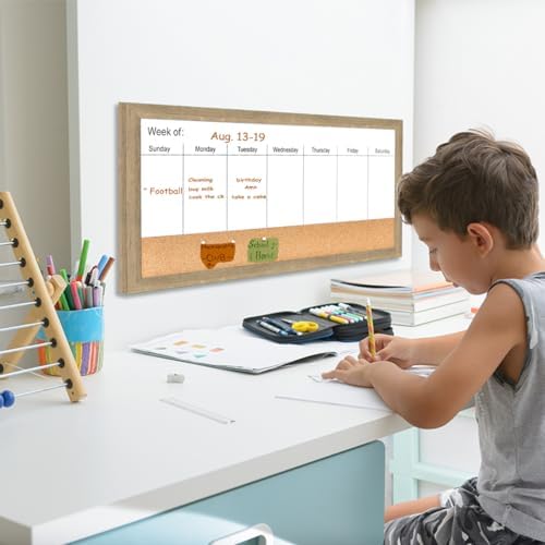 Magnetic Weekly Whiteboard and Cork Board, Brown Wood Frame, 24" x 12"