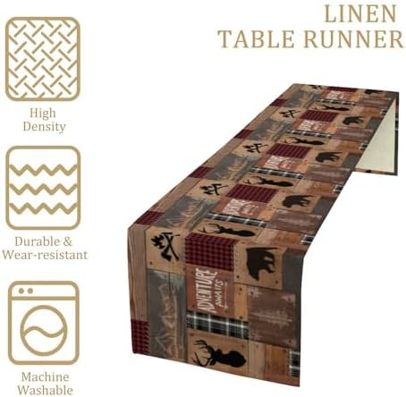 Rustic Cabin Moose Deer Bear Table Runner, Retro Bear Cottage Country Style Cabin Farmhouse Dinner Runner for Home Kitchen Dining Table Decoration 13"x70"