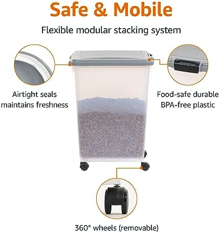 Amazon Basics Airtight Pet Food Storage Container with Scoop, BPA Free, Removable Wheels, 69 QT, Gray
