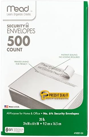 Mead #6-3/4 Envelopes, 3-5/8" x 6-1/2", Security Printed Lining for Privacy, Press-It Seal-It Self Adhesive Closure, White All-Purpose 20-lb Paper Mailing Envelopes, 500 Count (742021)