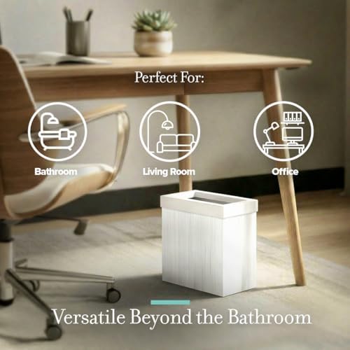 Gatco Small Bathroom Trash Can with Lid, Rectangle 3 Gallon Wastebasket, Under Sink, White Oak with Matte White, for Bathroom, Bedroom, Office (1943W)