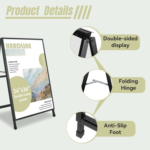A Frame Sign 24x 36 Inch Heavy Duty Sandwich Board Double-Sided Folding Sign Holder Outdoor Pavement Sign for Businesses Store Signs (Frame only),1PACK