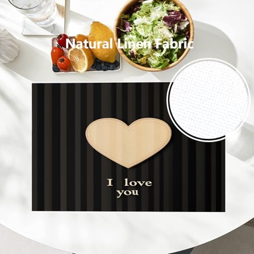 Batmerry Heart Text Linen Placemats Set of 4, Heart with I Love You Washable Table Mats for Kitchen Table Thickened Heat Insulation Dining Set Indoor Outdoor 12X18 in