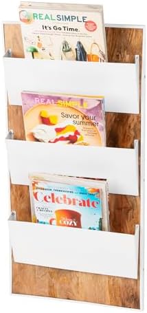Mind Reader 3-Tier Wall-Mounted File Organizer, Wood and Metal Vertical Rack for Mail, Magazines, and Documents, Metal, Wood, White