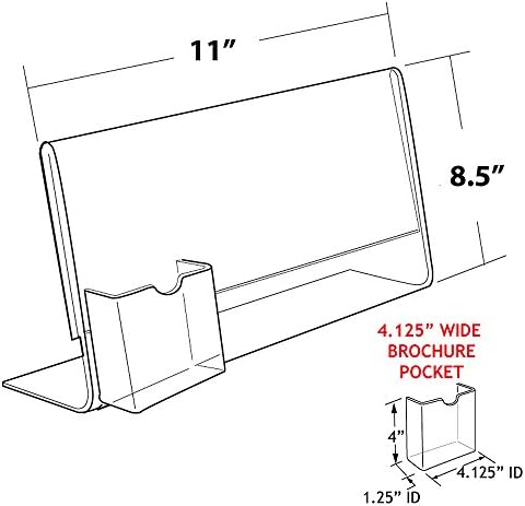 Azar Displays 252043 11" W x 8.5" H Horizontal L-Shape, Slanted Acrylic Sign Holder with Attached Brochure Holder