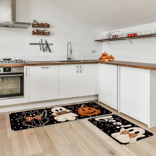 JarThenaAMCS Halloween Kitchen Mats Set of 2 Ghost Pumpkin Boo Kitchen Floor Mat Non-Slip Spooky Decorative Bathroom Rugs, 17 x 29 Inch & 17 x 47 Inch