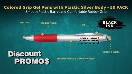 DISCOUNT PROMOS Custom Colored Grip Gel Pens Set of 50, Personalized Bulk Pack - Great for Office, School, Business, Tradeshows, Events - Red