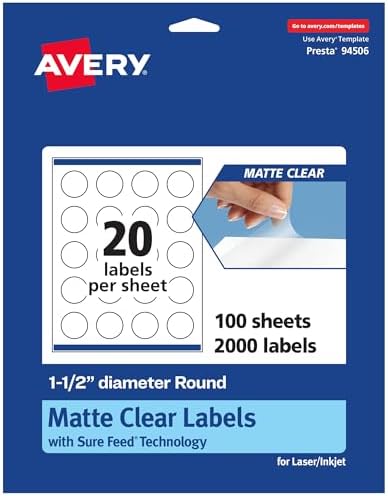 Avery® Matte Clear Round Labels, Sure Feed® Technology, 1.5" Diameter, 2,000 Matte Clear Labels, Print-to-The-Edge, Laser/Inkjet Printable