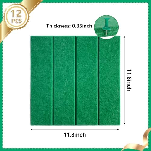 12 Packs Green Felt Pin Board, Large 12" Bulletin Board with 30 Push Pins, Felt Board Slat Wall Paneling for Office Home Kitchen, Self-Adhesive Corkboard Tiles for Classroom Message Photos Memos