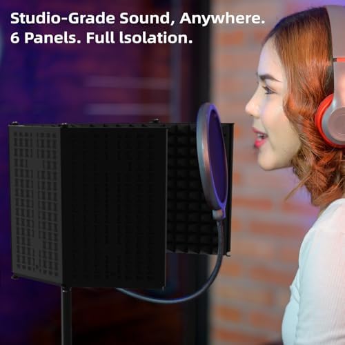Microphone Isolation Shield – Foldable & Adjustable Soundproof Panel for Recording, Podcasting, Vocal Booth, Studio & Home Use (Six-sided low stand)