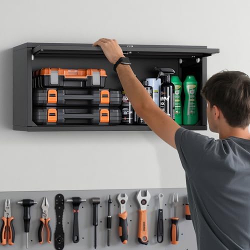 VEVOR Metal Wall Cabinet, 30.31W x 12.01D x 14.02H Inch, Floating Garage Tool Cabinet with Up-Flip Door, 120 lbs Load per Shelf, Fit for Garage, Basement, Kitchen, Warehouse, Assembly Required