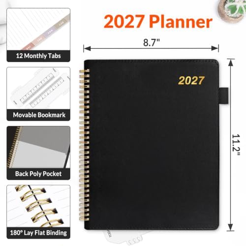 SUNEE 2027 Weekly & Monthly Planner 9"x11.2"- 12 Month (January 2027 - December 2027), Vegan Leather Cover, Pocket, Bookmark, Notes, Monthly Tab, Black