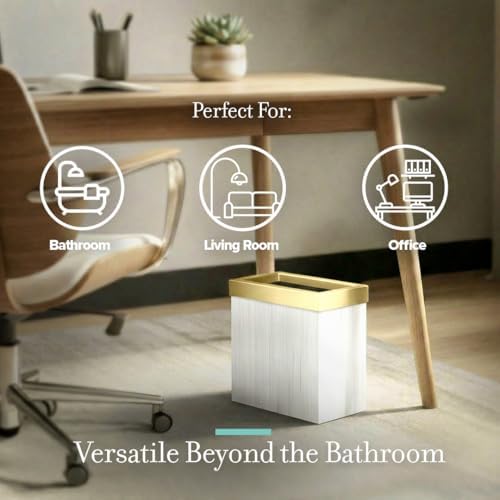 Gatco Modern Rectangle Wastebasket, White Oak/Brushed Brass Lid - Stainless Steel Trash Can with Removable Lid, Leakproof, 3 Gallon Capacity for Bathroom, Bedroom, Kitchen, or Office