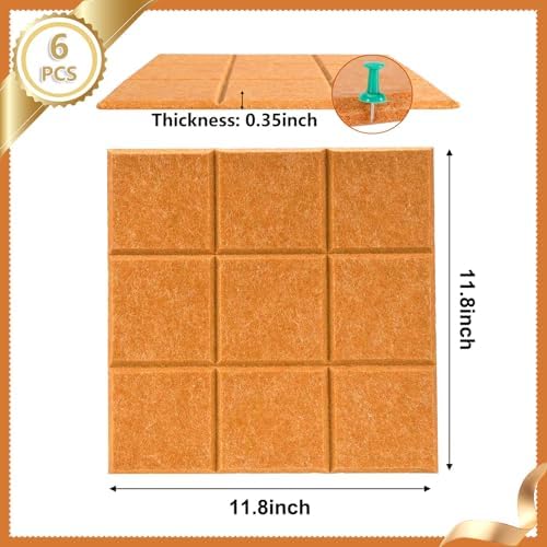 6 Packs Cork Board Felt Board Tiles, Bulletin Board 12"X12" with 30 Push Pins, Felt Board for Home Kitchen Office Decor, Self-Adhesive Corkboard Tiles for Walls School Message Display Board-Orange-2