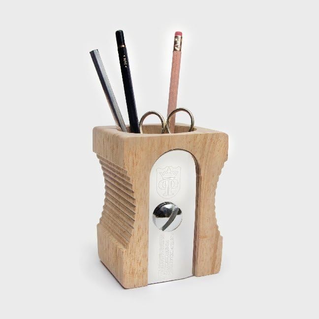 Suck UK Pen Holder - Wooden Pencil Sharpener - Stationary Organiser - Desk Tidy - Quirky Office Desk Accessories - Funny Pencil Pot Novelty Pen Holder - Vintage Teacher Gifts For Men - Light