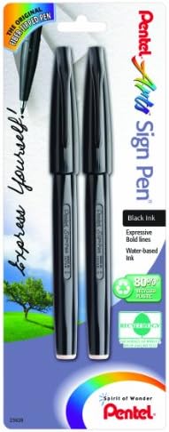 Pentel Arts Sign Pen, Black Ink, 2 Pack (S520BP2A), Assorted