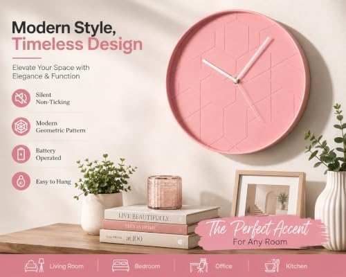 Clockswise 12" Rose Pink Hex Embossed Wall Clock Modern Decorative Round Hanging Design with Geometric Pattern Perfect for Bedroom Living Room Kitchen Office Nursery and Contemporary Home Décor