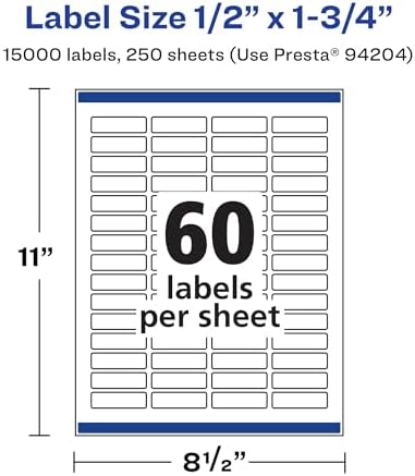 Avery® Matte White Rectangle Labels, Sure Feed® Technology, 0.5" x 1.75", 15,000 Matte White Printable Labels