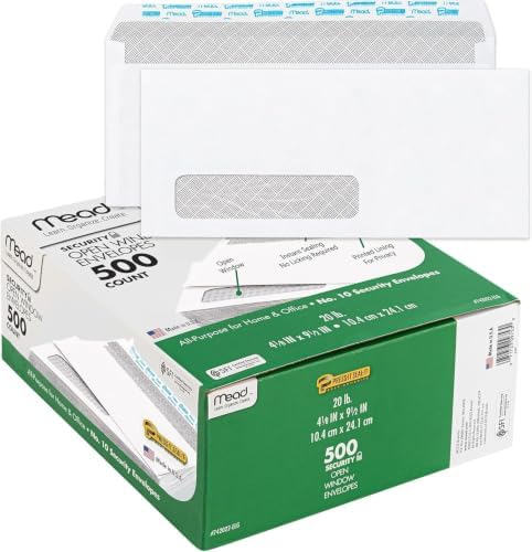 Mead #10 Envelopes, Letter Size, 4-1/8" x 9-1/2", Security Printed Lining for Privacy, Press-It Seal-It Self Adhesive Closure, Left Viewing Window Mailing Envelopes, 500 Count (742022) | (Pack of 5)