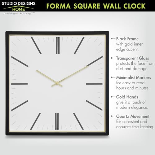 Forma Square Modern Wall Clock, 16" Minimalist Black Frame with Gold Trim, Quartz Movement, Glass Face, Contemporary Indoor Wall Décor