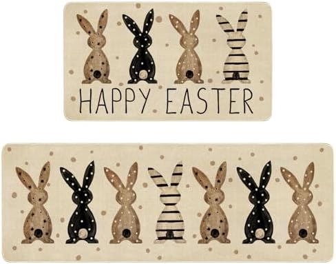 Happy Easter Kitchen Rugs and Mats Set of 2,Spring Rabbit Bunnies Polka Dots Farmhouse Non Slip Washable Floor Sink Mats Decorations for Home Kitchen 18"x48"+18"x30"