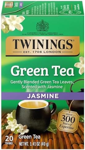 Twinings Green Tea with Jasmine Individually Wrapped Bags, 20 Count (Pack of 1), Fragrant Floral Scent, Caffeinated, Enjoy Hot or Iced, 20 Teabags