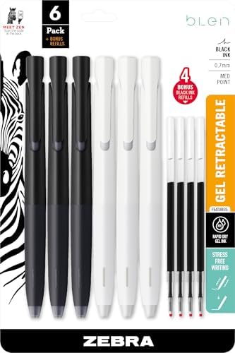 Zebra Pen bLen White and Black Retractable Gel Pen, Black Ink, 0.7mm, 6-Pk