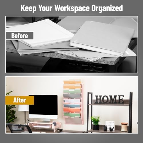 Mind Reader Wall File Organizer, 8 Pocket Hanging Document Rack, Office Wall Mount, Metal Mesh, Pink