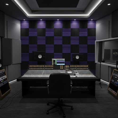 96 Pack Allxinlog Absorb the echo Acoustic Foam Panel Wedge Studio Soundproofing Wall Tiles 12" X 12" X 1" (Accompanied By Double-Sided Adhesive Tape)(48Purple+48Black)