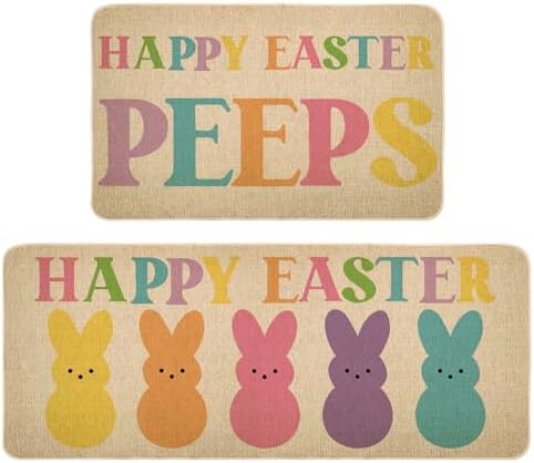Happy Easter Kitchen Floor Mat Set of 2, Non-Slip Absorbent Rugs and Door Mats, Spring Seasonal Bunny Decorative Home Kitchen Doormat 17x29 and 17x47 Inch DM138