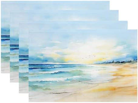 Batmerry Beach Scene Linen Placemats Set of 4, Serene Ocean View Washable Table Mats for Kitchen Table Thickened Heat Insulation Dining Set Indoor Outdoor 12X18 in