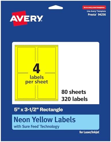 Avery® Printable Rectangle Labels, Sure Feed® Technology, 5" x 3-1/2", Neon Yellow Labels, Laser/Inkjet Printable, 320 Total, Great for Shipping and Packaging