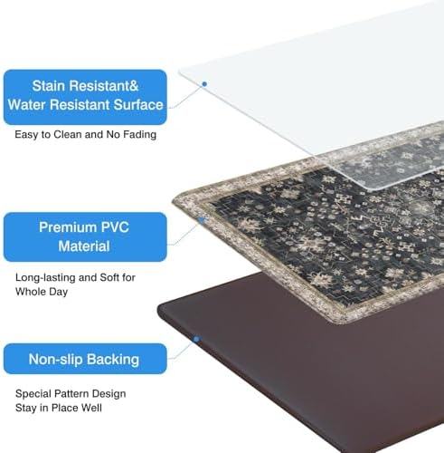 Boho Cushioned Anti Fatigue Mats for Kitchen Floor,Modern Farmhouse Charcoal Floral Non-Slip Water Resistant Runner Comfort Foam Standing Rugs Non Skid for Home Sink,Office,Laundry 17"x47"+17"x30"
