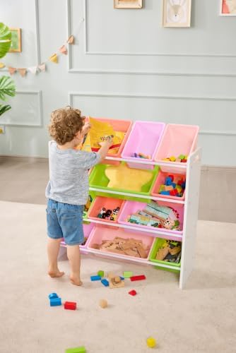 Amazon Basics Kids Toy Storage Organizer with 12 Plastic Bins, White Wood with Pink Bins, for Bedroom and Playroom, 33.85"D x 12.79"W x 35.42"H