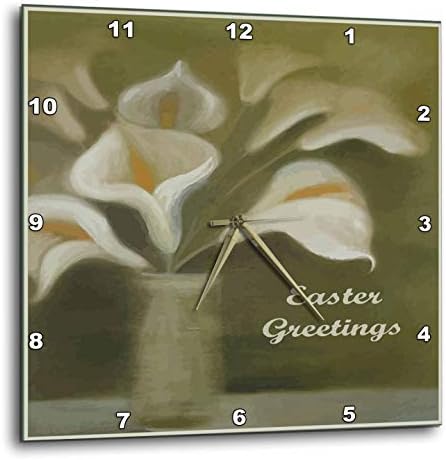 3dRose Wall Clock Silent - 10 inch - Ten White Calla Lilies in a vase on sage Green with Easter Greeting - Acrylic Painting - Easter Greetings