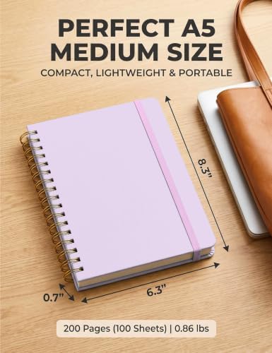 5 Pack Hardcover Spiral Notebooks, 8.3" x 6.3" Lined Journal Set, 100 GSM Bleed-Resistant Paper, 200 Pages Twin-Wire Bound Notebook with Elastic Band & Category Stickers for Office, School