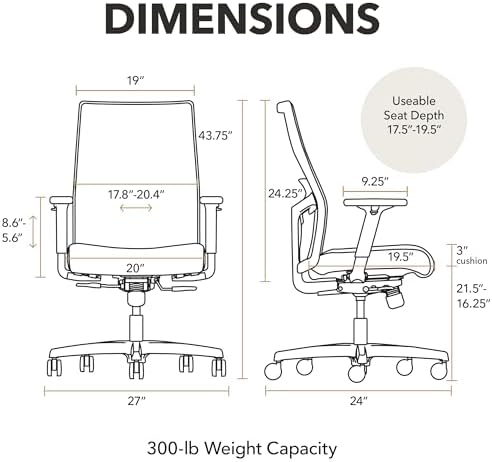 HON Ignition 2.0 Ergonomic Office Chair, Lumbar Support, Frost