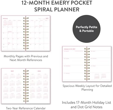 Orange Circle Studio 2027 Berry Bliss Emery Pocket Planner, 12-Month Weekly & Monthly Calendar, Spiral Bound 4.5 x 6.5 In, Pink Embroidered Cover, Compact Daily Planner Notebook for Women, Travel Size