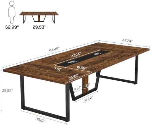 Tribesigns 8FT Conference Table, 94.49 L x 47.24 W x 29.53 H Inches Large Meeting Podcast Table for 10 People, Business Style Wooden Training Table with Strong Metal Frame for Office Conference