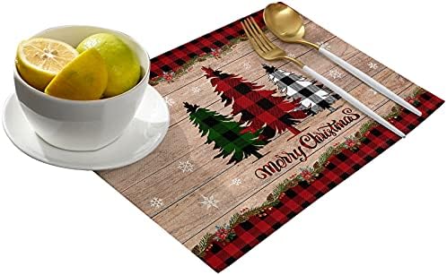 Artwork Store Merry Christmas Placemats Set of 4,Cotton Linen Table Mats Non-Slip Washable Buffalo Plaid Farm Xmas Tree Snowflake Pine Tree Placemat for Holiday Party Dining Kitchen Table Decor